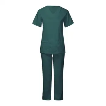 1 juego de Enfermera de la parte Superior de los Pantalones Conjunto Sólido de Color Elasticidad Unisex de Cuello V Bolsillos de secado Rápido que los Uniformes de Trabajo