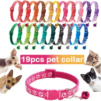 19pcs Collar para Mascotas Con Campana de dibujos animados de la Huella de colores Perro Cachorro de Gato Accesorios Gatito Collar Ajustable de Seguridad Bell Collar