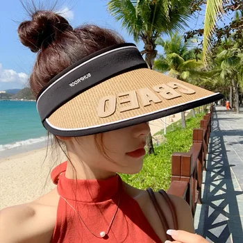 Corea del Sombrero de las Mujeres de la Moda de la Carta de Color Puro de Todos Coincidencia de Protección contra el Sol Visera del Sombrero de Paja al aire libre de Viaje de Gran Visera de Sol a Prueba de Sol H