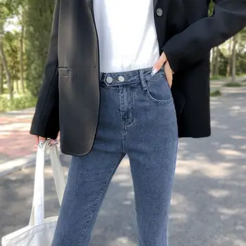 Corea Flaco de Lápiz Vaqueros de Mujer de Diseño de Vaqueros de Cintura Alta del Tobillo-longitud de los Pantalones de Felpa de Terciopelo Caliente de Denim Stretch Pantalones U852