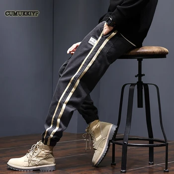 CUMUKKIYP Estilo coreano de Rayas Pantalones Casuales para Hombres con Cordón y Dobladillo Inferior