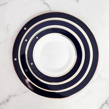 Elegante Azul Oscuro Anillo de Cerámica Platos de porcelana de antojitos para la alimentación Occidental Condimento Plato Decorativo de Lujo Vajilla Set