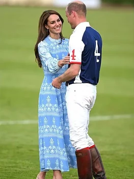 Kate Middleton Princesa de las Nuevas Mujeres DE Otoño de de Alta Calidad de la Moda de Fiesta Azul Dama Elegante de la Celebridad de Impresión Elegante Vestido Midi