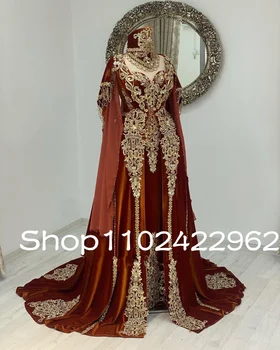 Marrón de Oro árabe Caftán Vestidos de Noche con Manga Larga Cabo Apliques de Encaje Kaftan de la sirena Vestidos de Baile vestidos de baile 2023