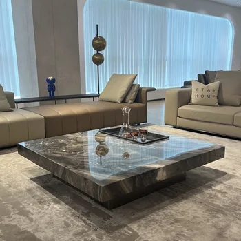 Muebles de salón italiano minimalista luz extravagante de mármol de alta-grado de pizarra plaza suspendida la mesa de café
