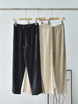 Mujeres 100% Cashmere Pantalones Otoño 2023 Nuevos Abalorios Recorte De Mujer De Alta Cintura Con Cordón Casual De Punto De Pierna Recta Pantalones
