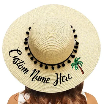 Personalizado, Bordado de encargo de la Playa de hat Tu Nombre Logotipo de Texto, Mujeres, Sol, Sombrero de Palma Pompón Negro Sombrero de Paja de luna de Miel Dropshipping