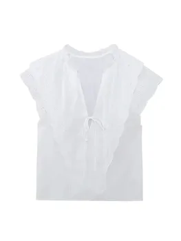 TRAF 2023 Verano de las Nuevas Mujeres del País de origen francés Camisa de Estilo Casual de la Moda del Bordado de Vacaciones Volante Top Blanco