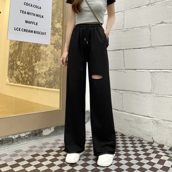 Y2k Pantalones De Las Mujeres De Corea De La Moda Streetwear Harajuku Pantalones De Mujer Holgados Agujero Ancho De Fondos Pata Negra De Cintura Alta De Ropa