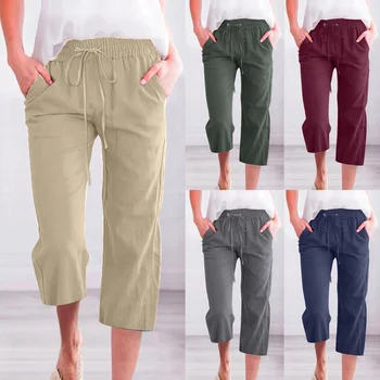 2023 Verano De Las Mujeres Pantalones Casual Elástica Con Cordón De Talle Alto, Pantalones De Color Sólido Pantalones Con Bolsillos De Pantalones De Mujer
