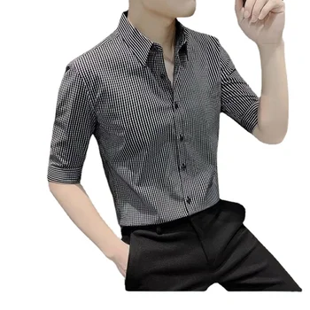 2023 Verano de los Hombres Nuevos que No sean de Hierro de la Raya de 3/4 de la Manga de la Camisa Versión coreana de Slim Fit de la Juventud de Color Sólido Tendencia Casual Camiseta de Deporte