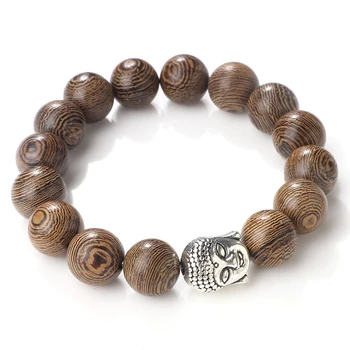 8 10 12 MM Perlas de Madera Pulsera para Hombres, Mujeres Cabeza de Buda Encanto Pulseras de Yoga Elástica Distancia de las Pulseras de la Joyería Regalos para el Amigo