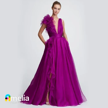 Amelia Púrpura Escote En V Vestido De Fiesta Con Camisas De Dividir La Longitud Del Piso De La Tarde De Verano Elegante Vestido De Fiesta Para Las Mujeres 2023