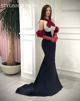 Arabia Saudita Negro Sexy Halter Vestido De Noche De 2023 Con Cuentas De Cristal De Dubai Con Motivo De La Boda Vestido Con Guantes De Prom Vestidos De Túnicas De So