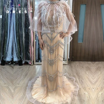 BBAYONLINE Pluma del Cabo de las Chispas de Cristal Rebordear Bordado Vestido de Noche Elegante de Dubai Saudita Ocasión Formal Vestido de Sirena