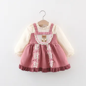 Bebé Niños Ropa de Primavera Otoño Chica de Oso Vestido de Encaje Princesa de Manga Larga Vestido de Fiesta Vestido de la Muchacha de los Niños