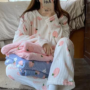 Damas De Pijama De Mujer De Invierno De Franela Conjunto De Pijama De Polar Pijamas Ropa De Dormir Grueso Terciopelo Caliente Femenina Ropa De Hogar Lindo Traje De Peach Pijama
