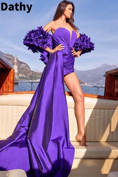 Dathy Sexy de color Púrpura Profundo en V Vestido de Fiesta Desmontable Plisado Falda Corta 3D Flor de las Mujeres Vestido de Noche de la فساتين سهره فاخره 2023