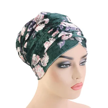 De las nuevas mujeres de Lujo floral Turbante de Terciopelo de nigeria turbante Hiyab Extra Tubo Largo para Envolver la Cabeza Musulmán Pañuelo turbante accesorios para el Cabello