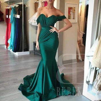 El Verde esmeralda de Raso Largo de la Boda Vestido de Fiesta Fuera del Hombro de la Sirena Vestidos de Dama de honor para los Invitados de la Boda Vestido de Traje de Mujer
