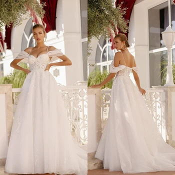 Glamorous Una Línea de Vestidos de Boda de la Correa de Espagueti Fuera Del Hombro de Encaje Vestidos de Novia Hecho a medida Vestido de novia