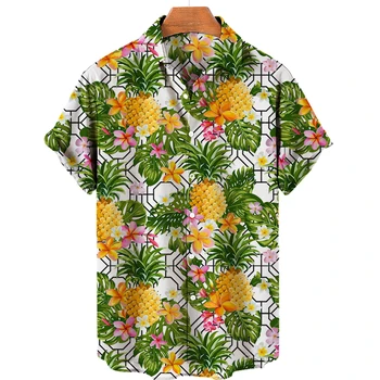 Hombres Camisas Hawaianas Camisetas de Fruta de Impresión de Mangas Cortas de Piña Patrón Tops Casual Hombres de la Moda de la Ropa de Verano Camisa Suelta