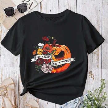 Kawaii camiseta Tops de Halloween Caída Casual Camiseta de la Ropa de Calabaza Lindo Tendencia de los años 90 las Mujeres Traje de color de la flor de Impresión Gráfica Camisetas