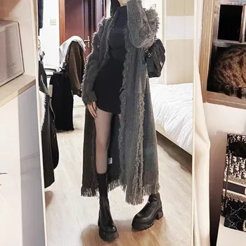 La mujer 2023 Otoño/Invierno Nuevo Gris Oscuro coreano Extra Largas Engrosamiento de Diseño de Sentido Vago Suelto de la Borla de tejidos de Punto Chaquetas con Bufanda