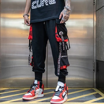 Los hombres del Hip Hop Multi-bolsillo de Pantalones Pantalones Casuales Golpe de Color de Múltiples Streetwear Cintas Techwear Deportivos de los Hombres la ropa