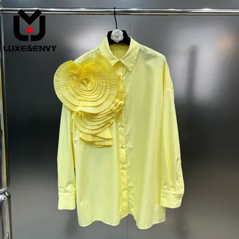 LUXE&la ENVIDIA 3D Flor Elegante Camisa Suelta de la Solapa de un Solo pecho de Color Sólido de Manga Larga de Otoño Nuevas Blusas