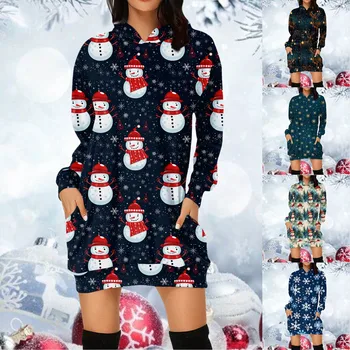 Mujer de la Moda de Navidad de Impresión de Manga Larga con Capucha para Mujer Sudadera con capucha Sudadera Camisa de Rayas Vestidos de Vestidos de Verano para las Mujeres Corto