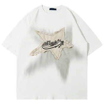 Mujeres Camiseta de gran tamaño de la Estrella de Empalme Harajuku Streetwear Camisetas Hombres 2023 Moda Casual de Algodón Suelta Hip Hop Y2K T-shirt Tops