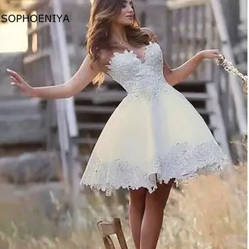 Nueva Llegada Vestido de Novia Corto Una Línea de Manchas Apliques de Encaje Robe de mariee de la Boda vestido Blanco de Fiesta Vestidos de Novia vestidos