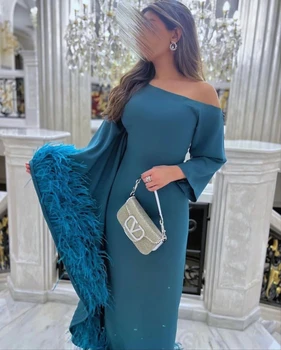 Otra Orilla Azul de las Plumas de Vestidos de fiesta de las Mujeres de Un solo Hombro Tobillo-Longitud Elegante y Sencillo Vestido de Fiesta de 2023 شارون سعيد