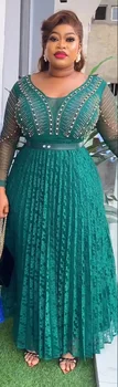 Poliéster Africanos Vestidos para las Mujeres de Verano Elegante Africana de Manga Larga Verde Azul de cuello en V Vestido Largo Maxi Vestido de Túnicas Africanas