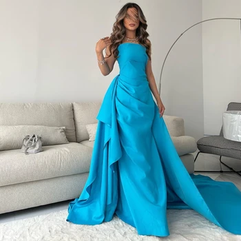 Qcenkern sin Tirantes sin Mangas de Raso Arco Plisado Noche Formal Azul Sirena Vestidos de Fiesta Vestidos de las Mujeres de Batas de Soirée 2023