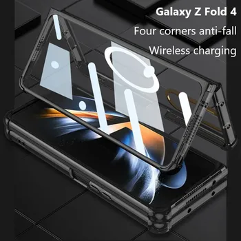 Transparente Magnético de la caja del Teléfono Para Samsung Galaxy Z Veces 4 5G Con HD de Vidrio Templado Fold4 Cuatro Esquinas Anti-caída de la Cubierta Posterior