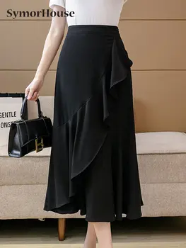 Verano Otoño Negra Plisada Faldas de las Mujeres Nuevo coreano de la Moda de Blanco Falda Larga Elegante Señora de la Oficina Slim Volantes Una línea de Faldas
