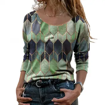 Vintage Mujer T-camisa de Poliéster de Manga Larga O Cuello Geométrica Hexagonal de Impresión T-shirt Blusa Top de las Mujeres Ropa de 2023